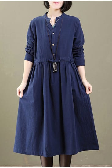 Bukejie Casual Buttoned Stand Collar Long Sleeve Dress - BestFashionHQ.com