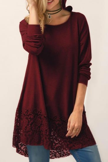 Lace Panel Hooded Collar Wine Red Blouse - BestFashionHQ.com
