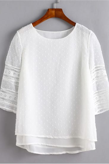 White Lace Insert Hollow Out Overlay Blouse - BestFashionHQ.com