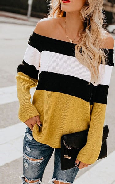 Yellow Off Shoulder Striped Sweater - BestFashionHQ.com