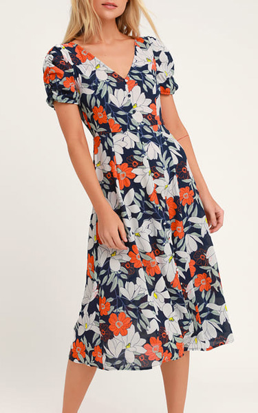 Pretty Poppies Navy Blue Floral Print Sheer Midi Dress - BestFashionHQ.com