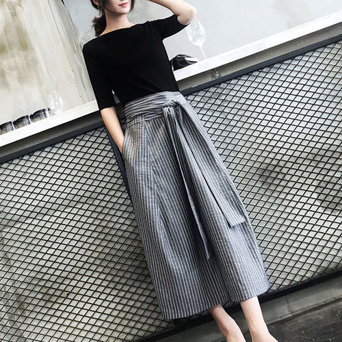 Elbow-Sleeve Plain Top + Striped A-Line Skirt - BestFashionHQ.com