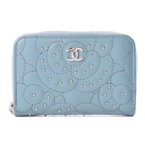 CHANEL Lambskin Camellia Embossed Studded Zip Coin Purse Blue ...