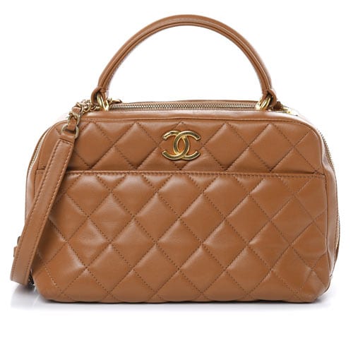 CHANEL Lambskin Quilted Small Trendy CC Bowling Bag Camel